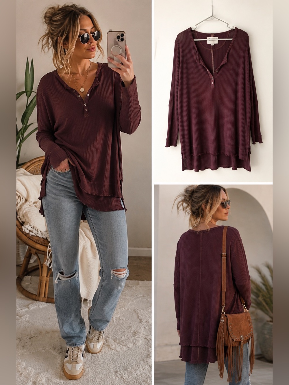 Free People We The Free Hi-Lo Henley Thermal Top Burgundy Oversized Boho, XS
